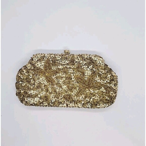Vintage Gold Hand Beaded and Sequined Evening Bag Gold Handle Hong Kong - Picture 1 of 13